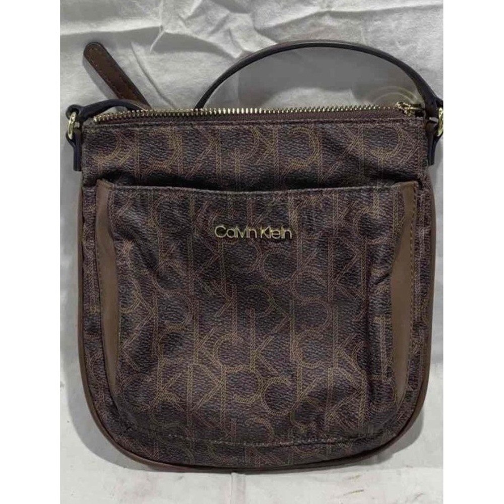 Calvin Klein Crossbody Bag Brown Monogram Logo Print Zipper Purse Sm Messenger